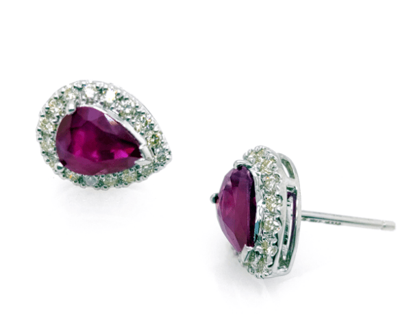 18ct WG Pear Shape Ruby & Round Brilliant Cut Diamond Micro Set Cluster Stud Earrings